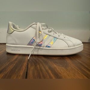 adidas Kids White Sneakers with Iridescent Three Stripes